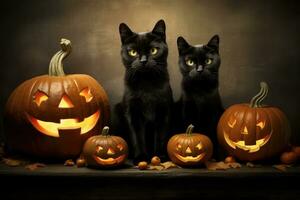 Halloween pumpkins and black cats art. Thanksgiving celebration photo