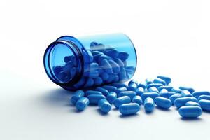 Blue pills with bottle on white background. Medicine pills, digital ai. photo