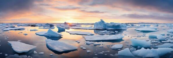 Ice sheets melting in the arctic ocean or waters. Global warming and climate change. Generative AI photo