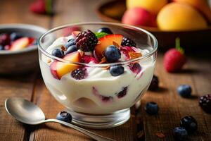 Fruit salad with yogurt on table. Generative AI photo