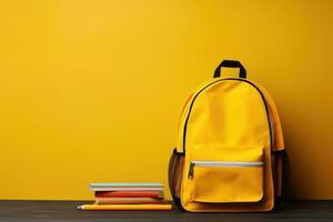 School bag and textbooks on yellow background. Back to school concept photo
