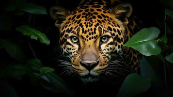 Head of a jaguar among the leaves in the jungle, Panthera onca. Generative AI photo