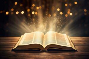 Open holy bible book with glowing lights in church photo