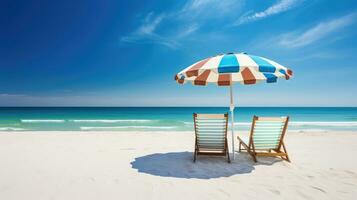 Beach chairs and umbrella on a white sandy beach. Generative AI photo