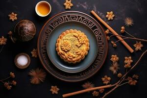 Moon cakes on black slate table with tea. Autumn Festival photo