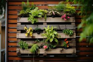 Recycled pallets with hanging plants creating a vertical garden photo