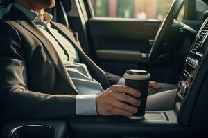 hombre es participación un taza de café en el coche foto
