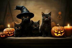 Halloween pumpkins and black cats art. Thanksgiving celebration photo