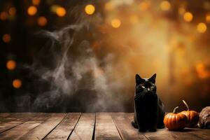 Old wooden table for product display with halloween background, autumn leaves and black cat. Thanksgiving day photo