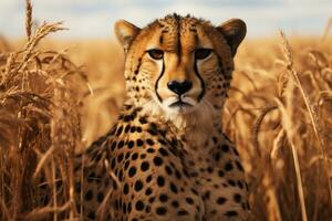 Cheetah, Acinonyx jubatus stands in long grass in savannah. Generative AI photo