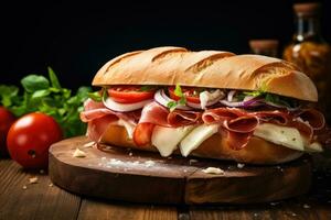 Sandwich with prosciutto, tomato and cheese on a wooden rustic background. photo
