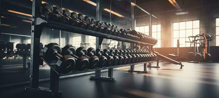 gimnasio interior antecedentes de pesas en estante en aptitud y rutina de ejercicio habitación foto