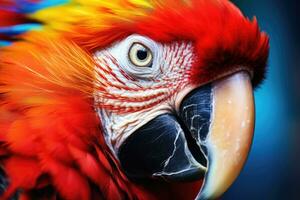 cerca arriba de vistoso escarlata guacamayo loro. foto