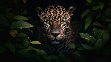 Head of a jaguar among the leaves in the jungle, Panthera onca. Generative AI photo