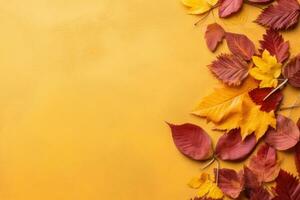 Autumn background with colored leaves on yellow background. Generative AI photo