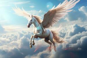 majestuoso blanco caballo con alas volador en el cielo. generativo ai foto