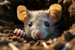 ratón mira fuera de un agujero, un roedor en un campo. generativo ai foto