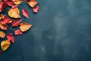 otoño antecedentes con de colores hojas en azul antecedentes. generativo ai foto