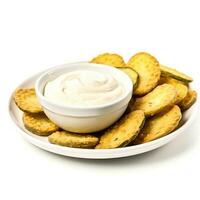 Fried pickles with aioli sauce isolated on white background side view photo