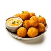 Fried macaroni and cheese balls with chipotle aioli isolated on white background side view photo