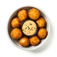 Fried macaroni and cheese balls with chipotle aioli isolated on white background top view photo