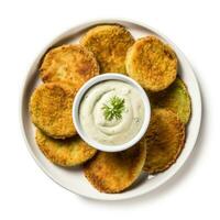 Fried green tomatoes with remoulade sauce isolated on white background top view photo