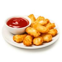 Fried cheese curds with ketchup isolated on white background side view photo