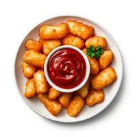 Fried cheese curds with ketchup isolated on white background top view photo