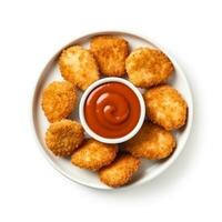 Chicken nuggets with dipping sauce isolated on white background top view photo