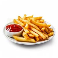 French fries with ketchup isolated on white background side view photo