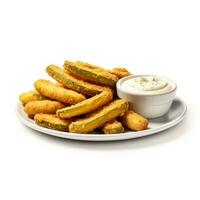 Fried pickles with aioli sauce isolated on white background side view photo