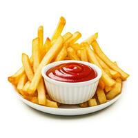 French fries with ketchup isolated on white background side view photo