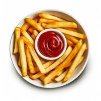 French fries with ketchup isolated on white background top view photo