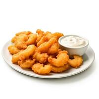 Fried shrimp with tartar sauce isolated on white background side view photo