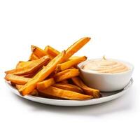 Sweet potato fries with sriracha mayo isolated on white background side view photo