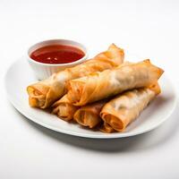 Fried egg rolls with sweet and sour sauce isolated on white background side view photo