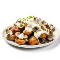 Fried mushrooms with garlic aioli isolated on white background side view photo