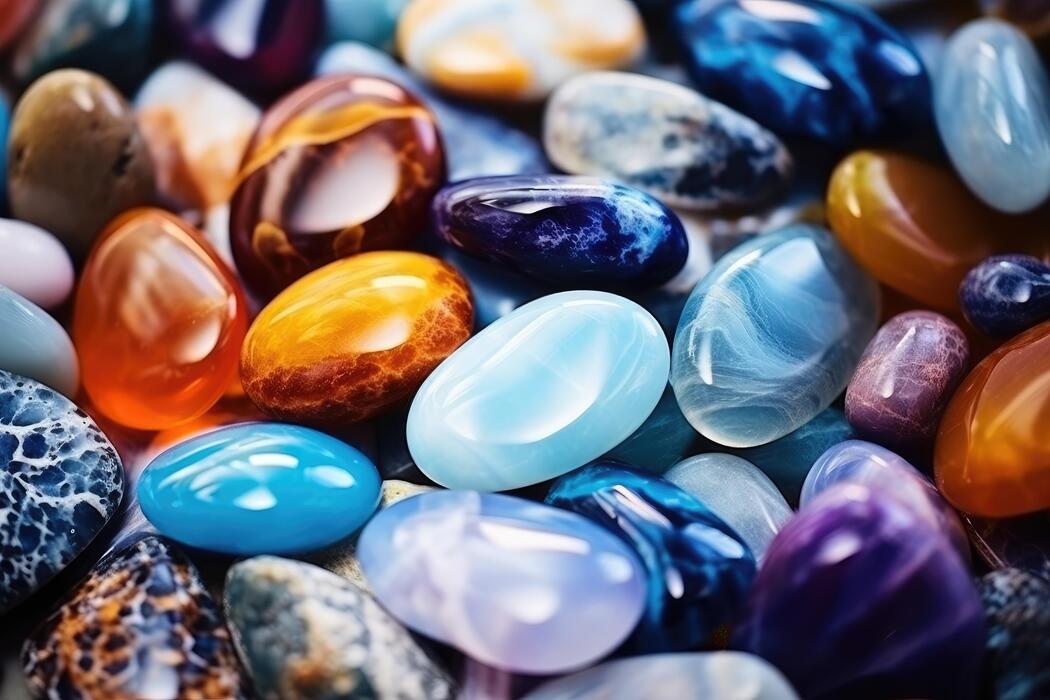 Beach gemstones. Pile of precious stones. Natural material for 