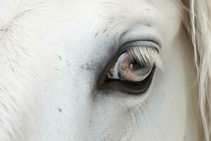 A close up view of the head and eye of an Andalusian horse. Generative AI photo