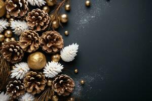 Christmas decoration with pine cones. Christmas background with space for text. Generative AI photo