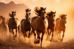 grupo de caballos corriendo galope en el desierto. generativo ai foto