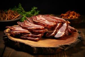 Sliced roast pork on a wooden cutting board photo