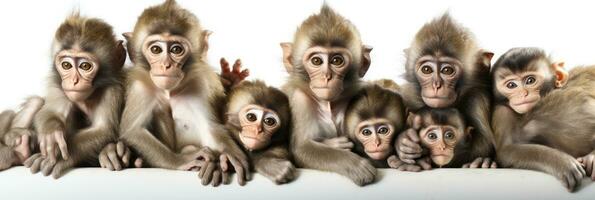 Collection of group of monkey family with baby portrait on white background. Monkeys animals banner panorama long photo