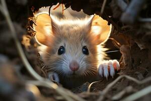 Mouse looks out of a hole, a rodent in a field. Generative AI photo