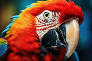 cerca arriba de vistoso escarlata guacamayo loro. foto