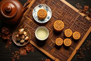 Top view of traditional moon cakes, tea pot and cups on table photo