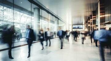 Long exposure shot of crowd of business people walking in bright office lobby, digital ai. photo