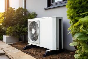 Air source heat pump installed in residential building. photo