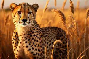 Cheetah, Acinonyx jubatus stands in long grass in savannah. Generative AI photo