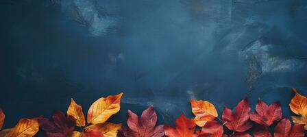 Autumn background with colored leaves on blue background. Generative AI photo